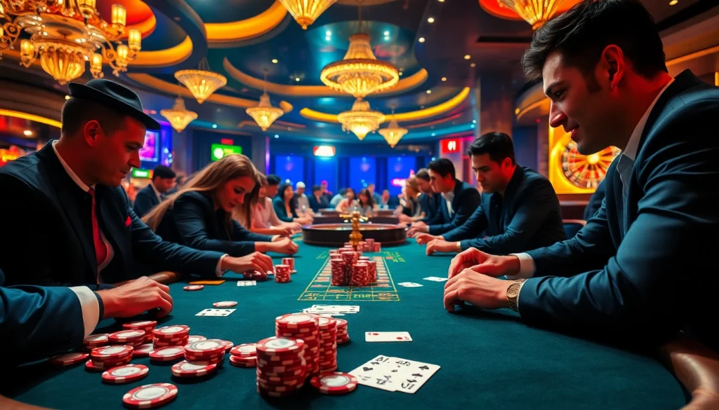 Players enjoy a thrilling game at a QQ88 poker table in a vibrant casino.