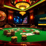 Players enjoy intense poker games at mm88 casino tables, surrounded by vibrant colors and luxurious decor.
